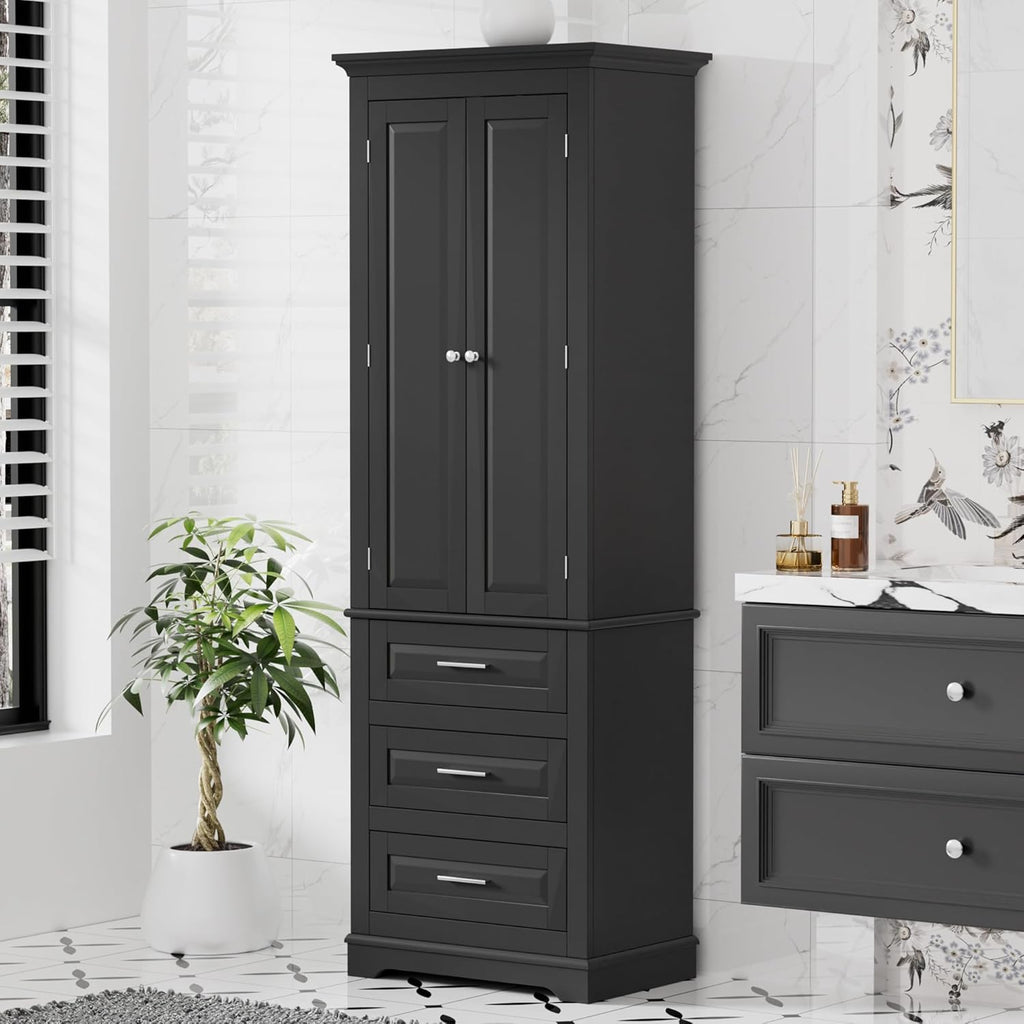 Merax 70" Pantry Cabinet with Two Doors & Three Drawer, Adjustable Shelves Storage Cupboard for Kitchen/Dining Room/Bathroom, Black