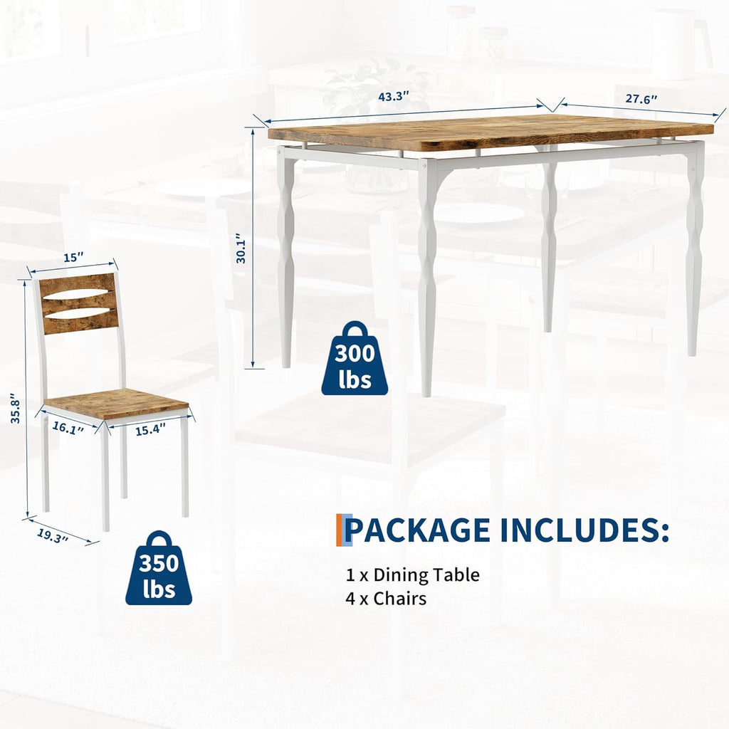 GarveeHome 5 Piece Dining Table Set, Industrial Style Dining Table and Chairs Set for 4, Kitchen Table Set for Dining Room Kitchen Apartment, White Brown