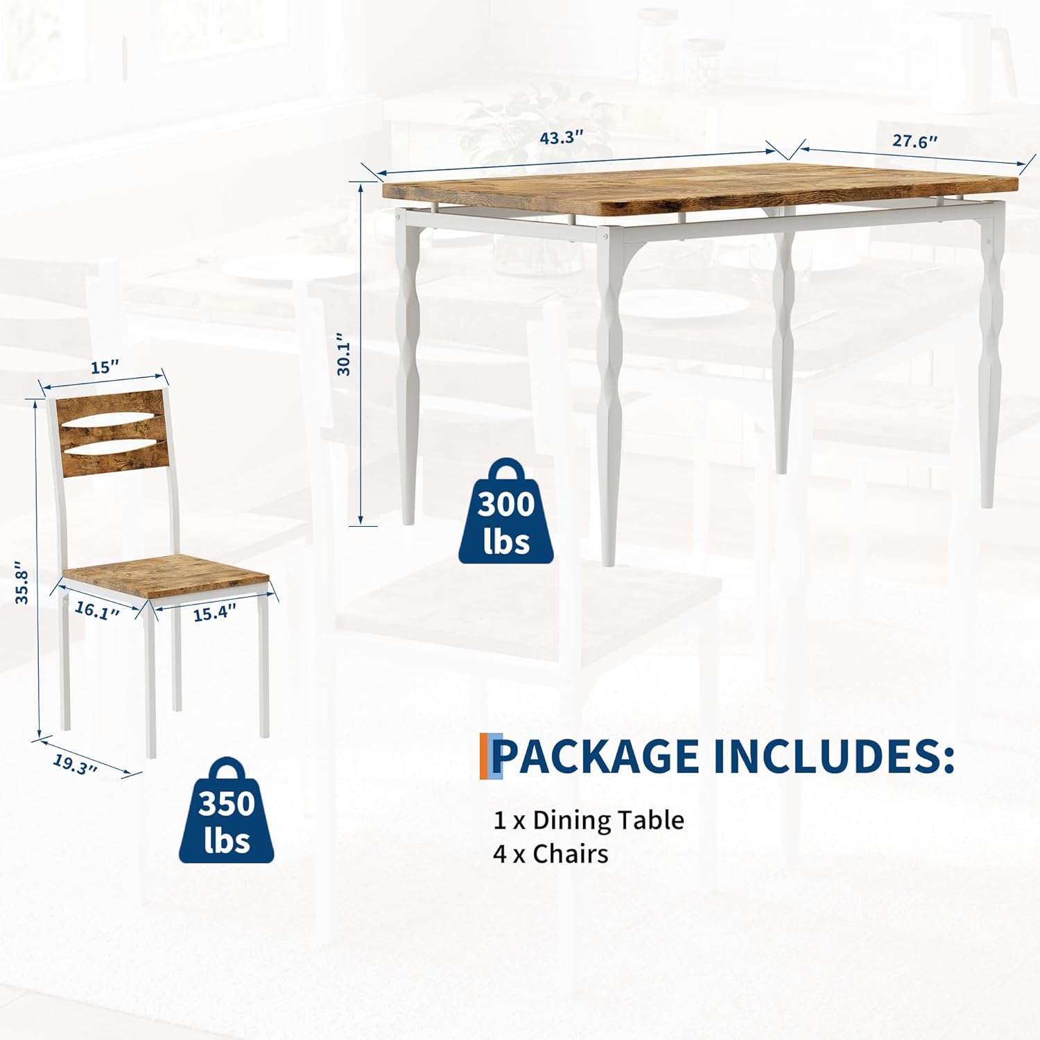 GarveeHome 5 Piece Dining Table Set, Industrial Style Dining Table and Chairs Set for 4, Kitchen Table Set for Dining Room Kitchen Apartment, White Brown