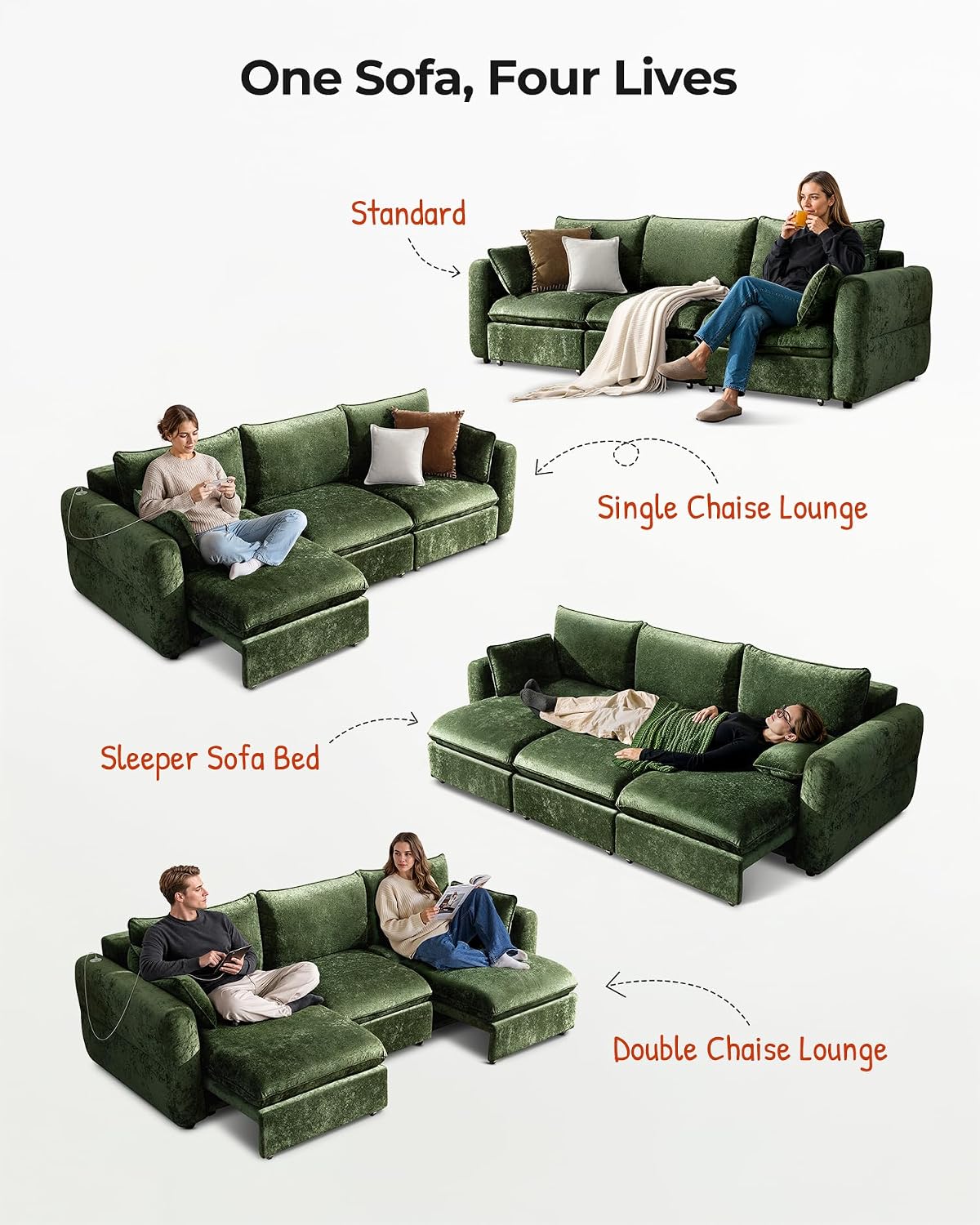 103" Electric Pull Out Sleeper Sofa Bed, 2in1 Power Extendable Couch Bed | Velvet Green, Fast Charging USB Port, 3 Smart Motor, Wide Backrest, Oversized Convertible Couches for Living Room Small Space