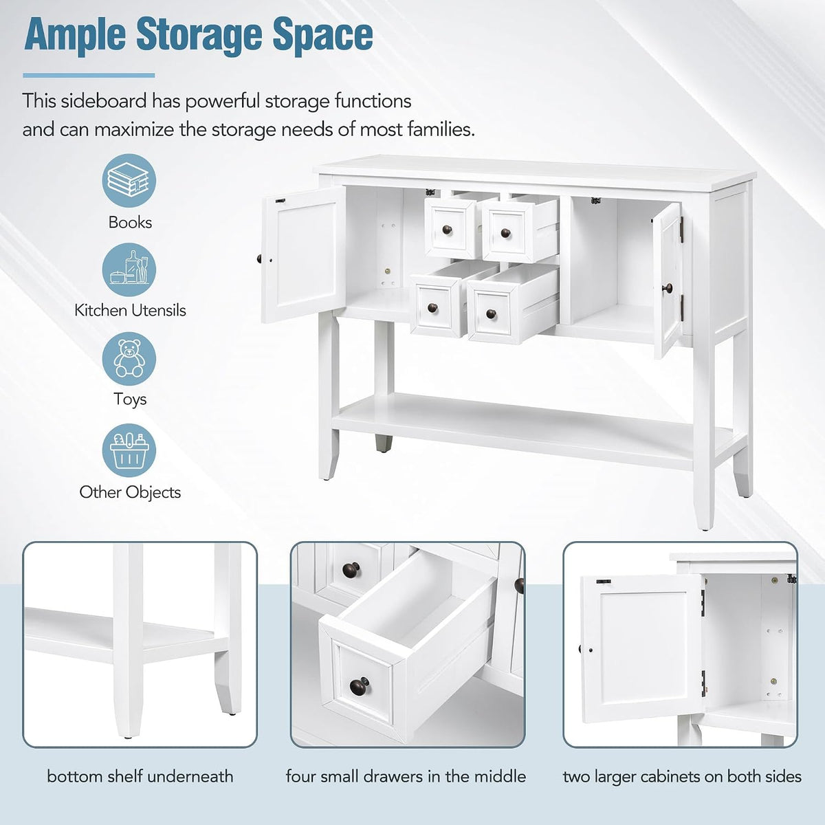 P PURLOVE Console Table Buffet Sideboard Sofa Table with Drawers Cabinets and Bottom Shelf (White)