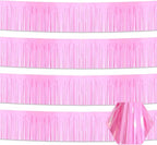 4 Pack 10 Feet Macaron Pink Foil Fringe Garland Metallic Tinsel Streamers Banner Wall Hanging Curtain Backdrop for Parade Floats, Wedding, Graduate, Mother's Day, Birthday Party Decoration