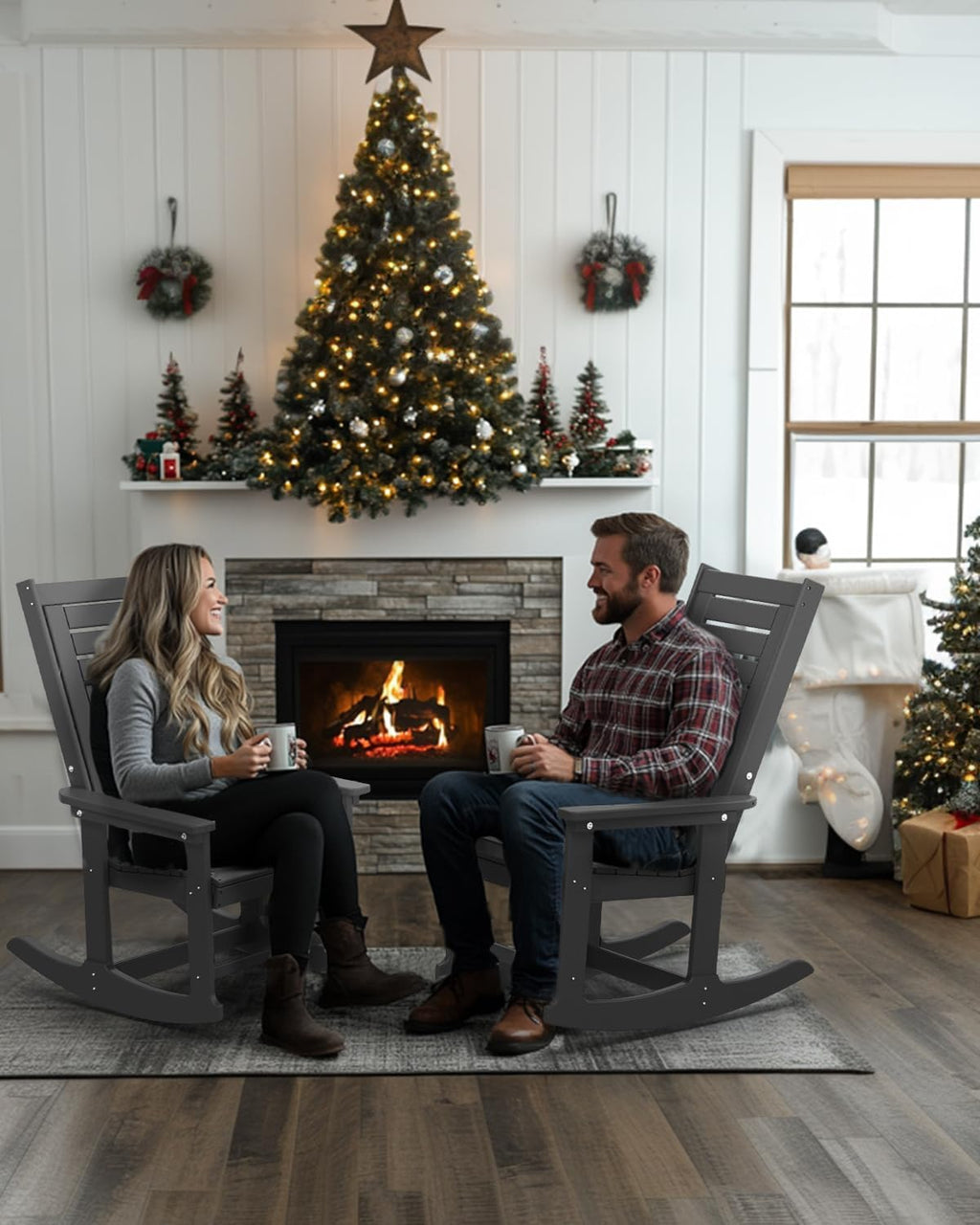 IVY&LANE Outdoor Rocking Chairs Set of 2 | Porch-Rockers | Grey | HDPE Plastic | All-Weather | High Back | Wide Seat | Oversized Patio Rocker for Adult | for Outside Deck Balcony Garden