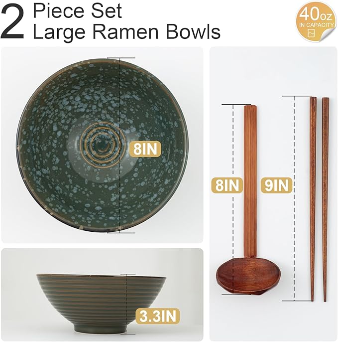 8 Inch Ceramic Ramen Bowl Set of 2, 40oz Japanese Bowls with Spoons & Chopsticks,Durable,Microwave & Dishwasher Safe,Perfect for Ramen,Pho,Salad,Soup,Noodles，Mixing bowls（Jade Green）