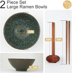 8 Inch Ceramic Ramen Bowl Set of 2, 40oz Japanese Bowls with Spoons & Chopsticks,Durable,Microwave & Dishwasher Safe,Perfect for Ramen,Pho,Salad,Soup,Noodles，Mixing bowls（Jade Green）