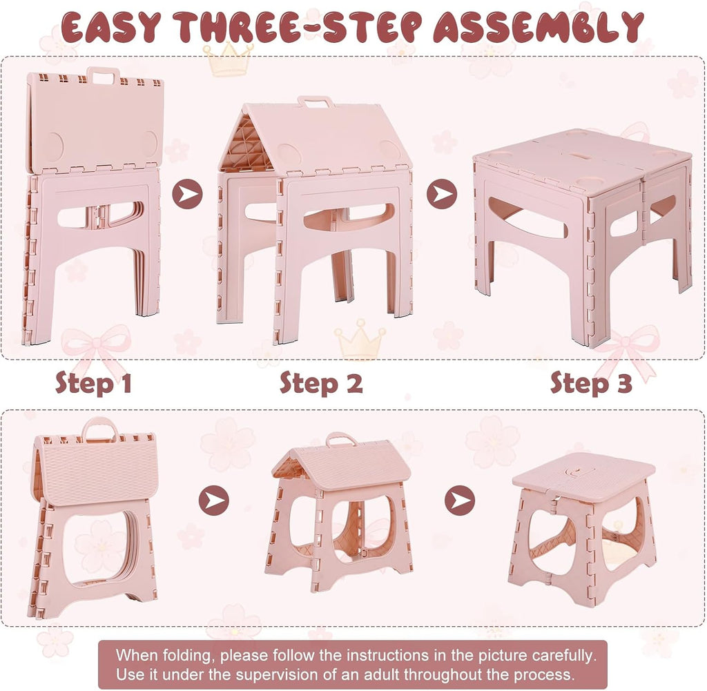3 Piece Kids Foldable Table and Chairs Set, Toddlers Drawing Activity Desk, | Portable Picnic Table, Easy-Fold Pinch-Free Children's Furniture for Arts Toys Snacks and Indoor Outdoor Use Pink