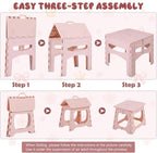 3 Piece Kids Foldable Table and Chairs Set, Toddlers Drawing Activity Desk, | Portable Picnic Table, Easy-Fold Pinch-Free Children's Furniture for Arts Toys Snacks and Indoor Outdoor Use Pink