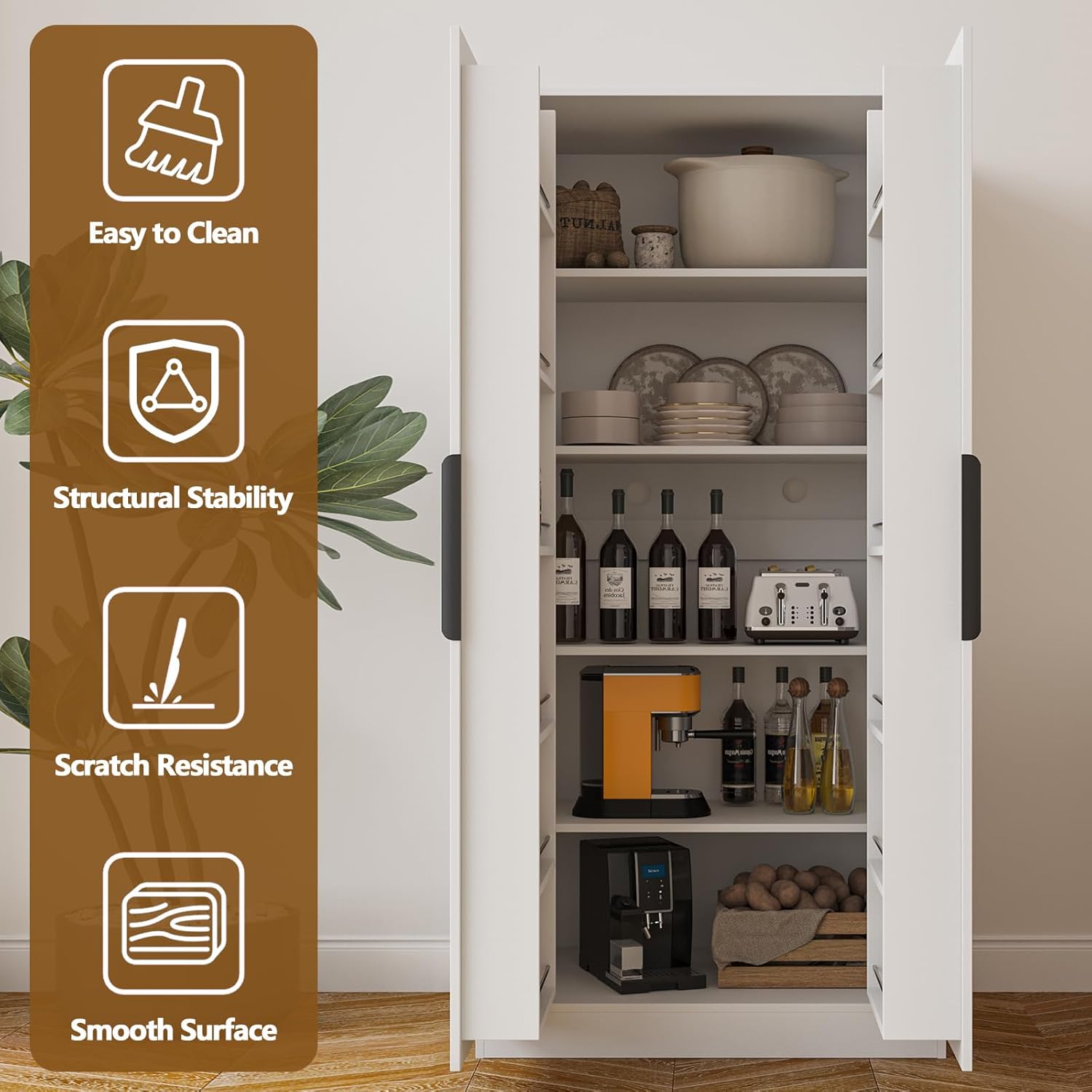 63” Tall Kitchen Pantry Cabinet, Pantry Storage Cabinet with Doors & Shelves, Freestanding Storage Cupboard for Dining Room Living Room, Wooden Structure, Easy Assembly (White)