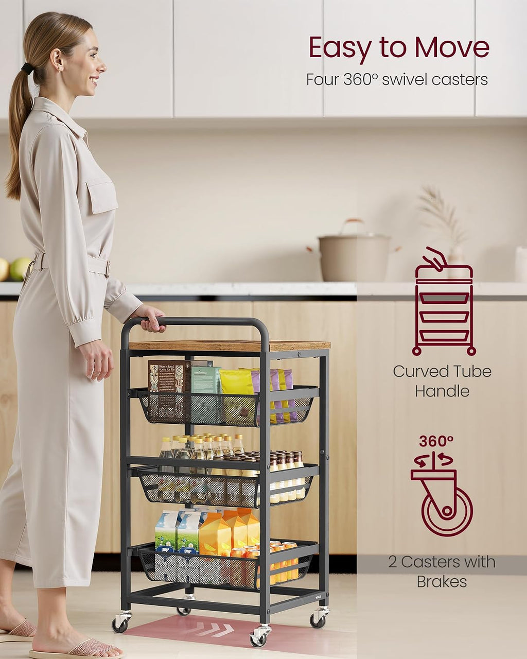 VASAGLE 4-Tier Storage Rolling Cart Organizer with Pull-Out Baskets | Utility Cart with Wheels, Handle, 12.5 x 15.8 x 29.9 Inches, Rustic Brown and Matte Black, DACEY Collection ULRC040K01