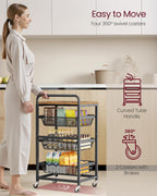 VASAGLE 4-Tier Storage Rolling Cart Organizer with Pull-Out Baskets | Utility Cart with Wheels, Handle, 12.5 x 15.8 x 29.9 Inches, Rustic Brown and Matte Black, DACEY Collection ULRC040K01