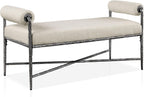 24/7 Shop at Home Lalia Upholstered 48-inch Metal Bench with Padded Roll Arms, Beige Fabric Seat, Hammered Forged Steel Frame, Modern Bedroom or Entryway, Matte Gray