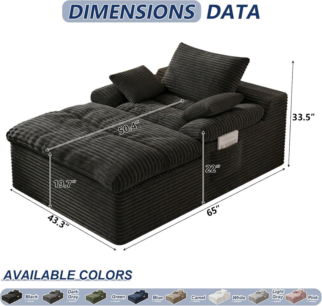 65" Chaise Lounge Chair Indoor, Oversized Chaise Lounge | No Assembly | Side Pockets| Corduroy Fabric | Extra deep seat | Double Cushion | for Living Room Bedroom Apartment | Black