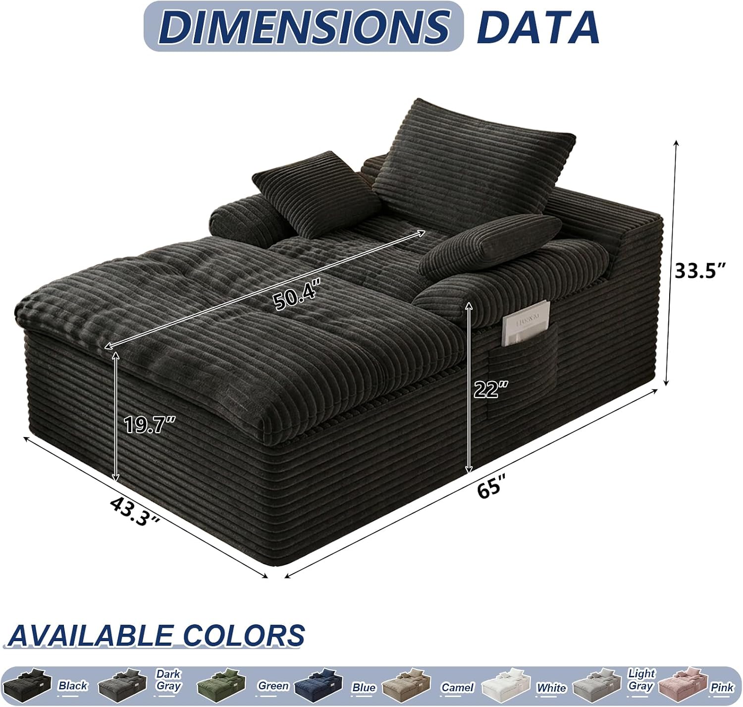 65" Chaise Lounge Chair Indoor, Oversized Chaise Lounge | No Assembly | Side Pockets| Corduroy Fabric | Extra deep seat | Double Cushion | for Living Room Bedroom Apartment | Black