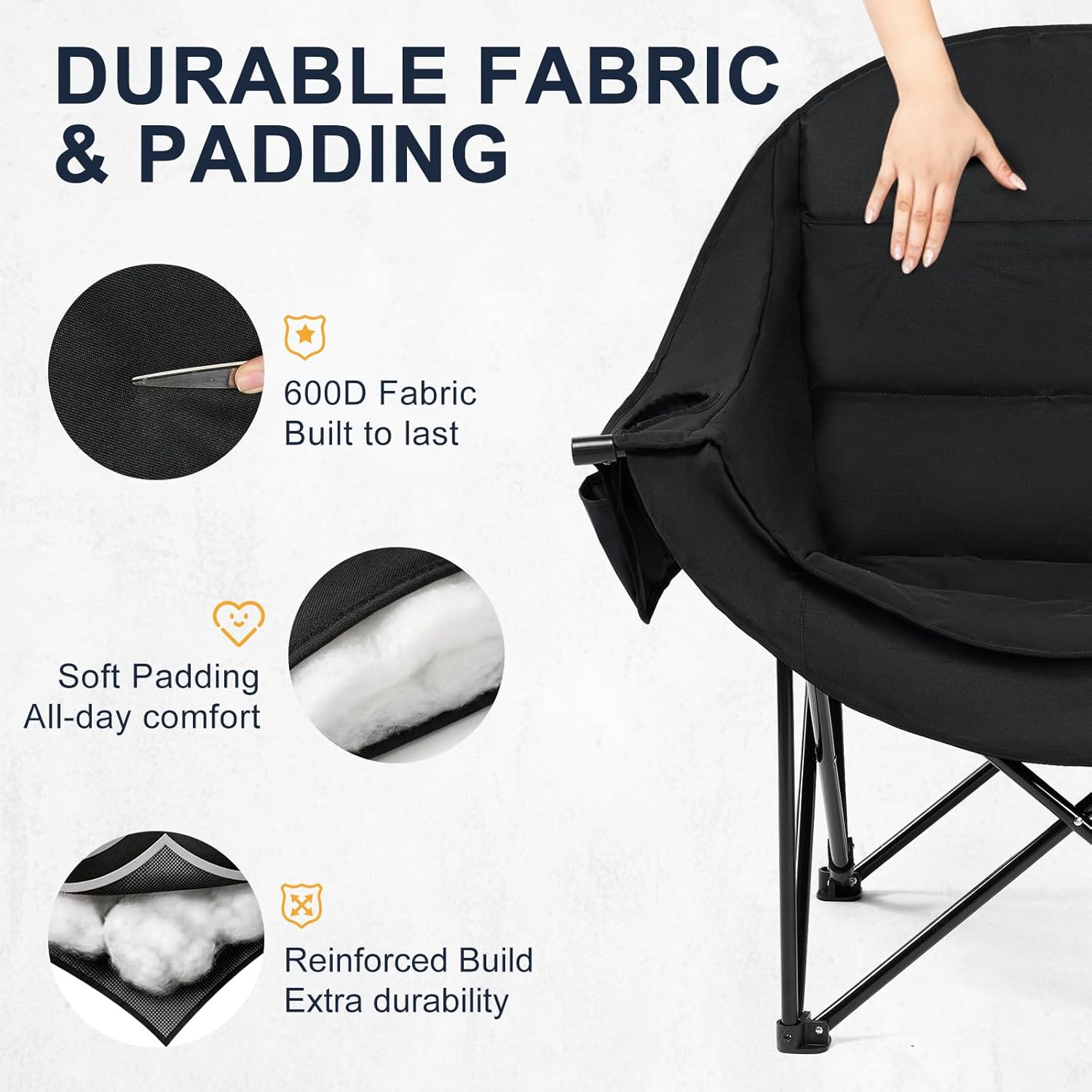 Oversized Camping Chairs for Adult - Heavy Duty Padded Portable Folding Chair XL Collapsible Camp Chair with Cup Holder Side Pocket for Outdoor Lawn Beach Sport Fishing Support 500LBS, Black