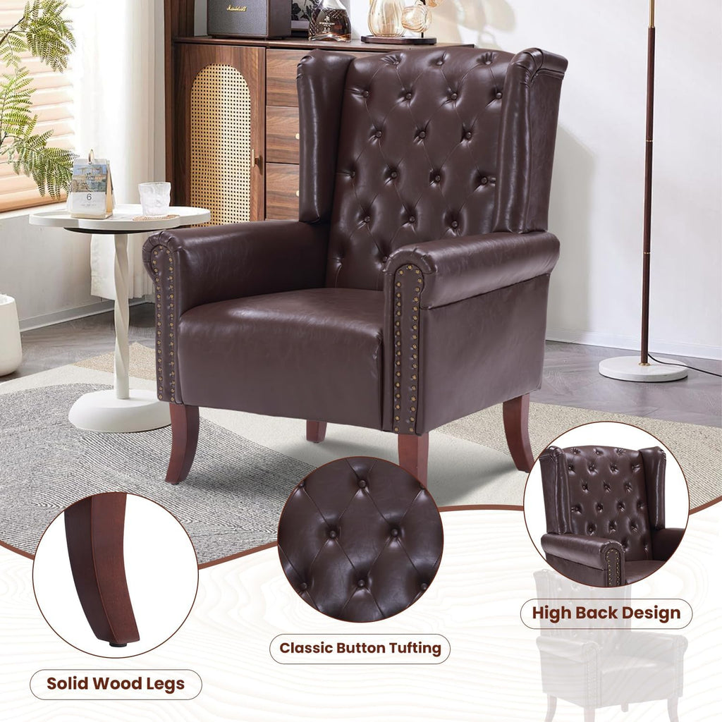 Modern Accent Chair Set of 2, Mid-Century Faux Leather Armchair Upholstered Club Sofa Chair with Wooden Legs, High Back Living Room Chair for Bedroom, Office, Lounge (Caramel)