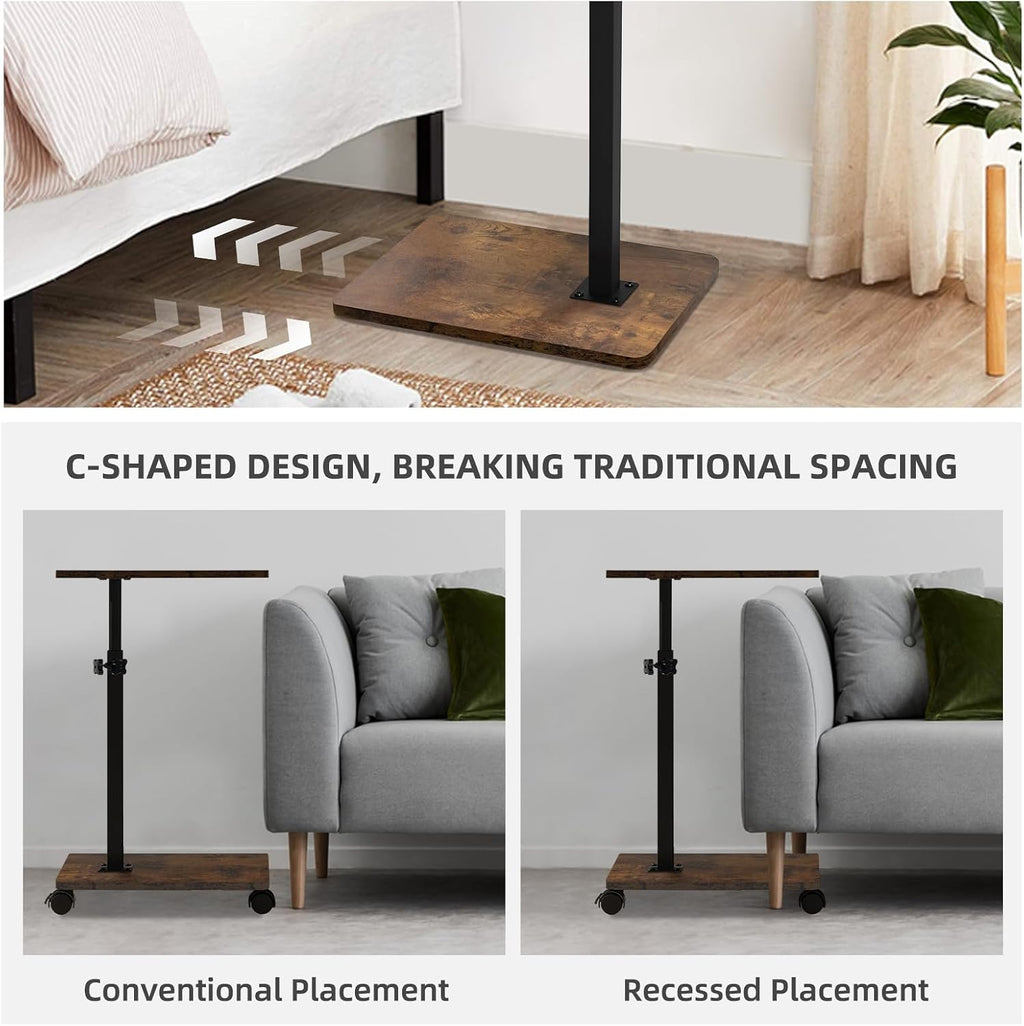 Side Table Sofa Tray for Couch with Rolling Wheels, TV Tray Table with 360°Rotatable Adjustable Height, C Shaped End Table for Living Room, Office, Bedroom