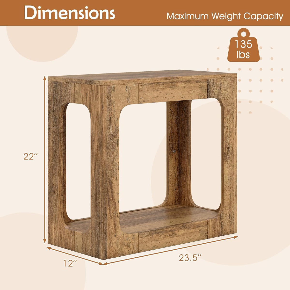 GOFLAME Narrow End Table, Farmhouse Wood Sofa Side Table 2-Tier with Storage Shelf, Arched Rustic Small Accent Tables, Rectangular Compact Night Stand for Living Room, Bedroom, Oak