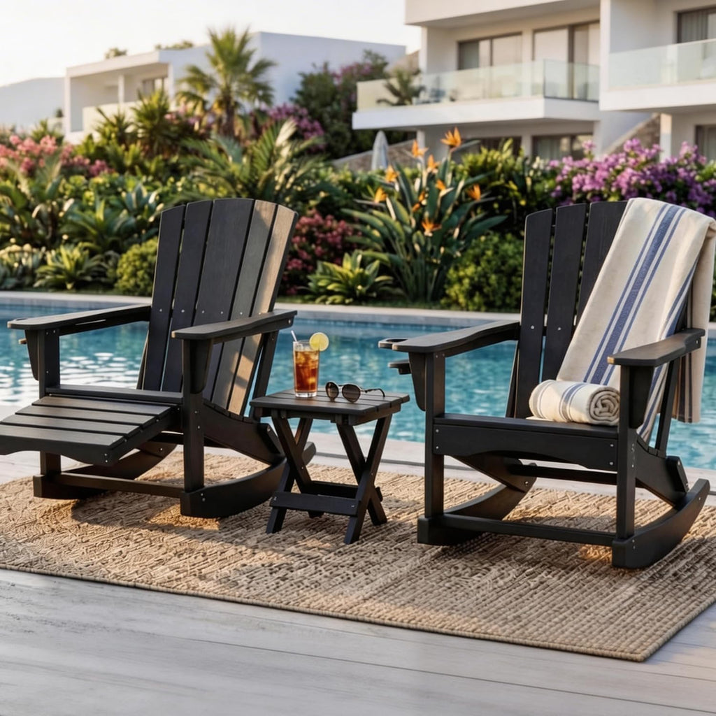 Adirondack Rocking Chair with Retractable Ottoman Set of 2,Outdoor Folding Adirondack Chair with Cup Holder,HDPE All-Weather Patio Lounge Chair for Porch,Lawn, Poolside, Black