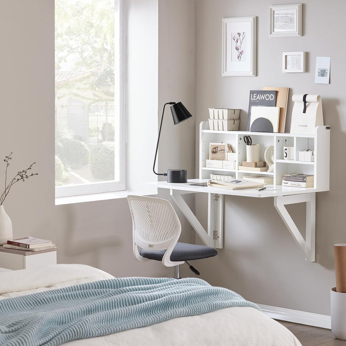 SoBuy Wall Mounted Folding Table | Floating Desk for Small Spaces, Fold Down Workstation Table with Adjustable Shelf for Home, Office, Bedroom, White