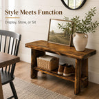 31.5" Solid Wood Entryway Bench, Farmhouse Rustic Storage Bench for Small Spaces, Narrow Indoor Bench Seat for Hallway, Living Room, Dining Room & Mudroom, Mortise-and-Tenon Base, Rustic Brown