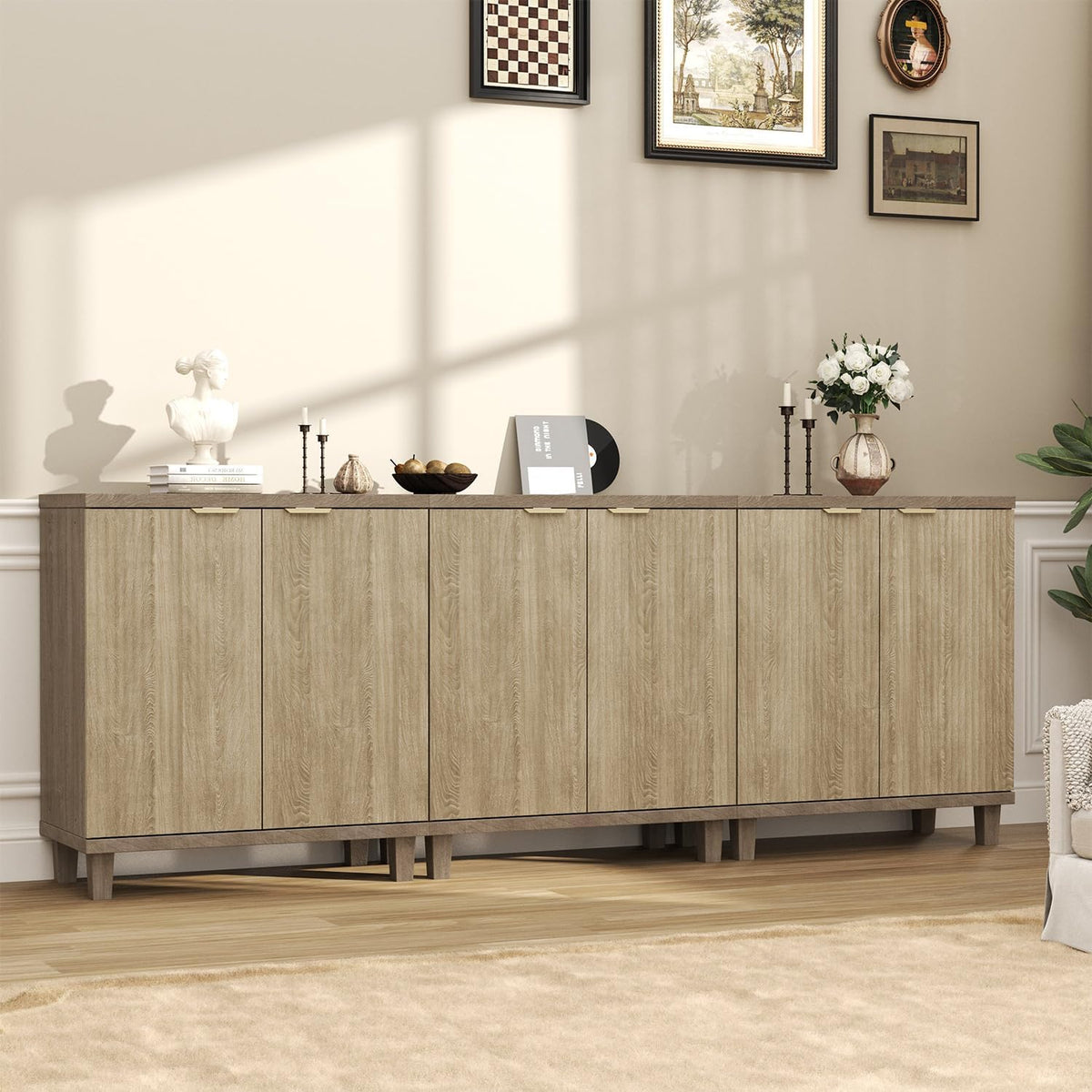 Fluted Buffet Cabinet with Storage, 3 in1 Storage Cabinet with Adjustable Shelves & Outlets, Wood Mid Century Modern Sideboard for Kitchen, Coffee Bar, Living Room