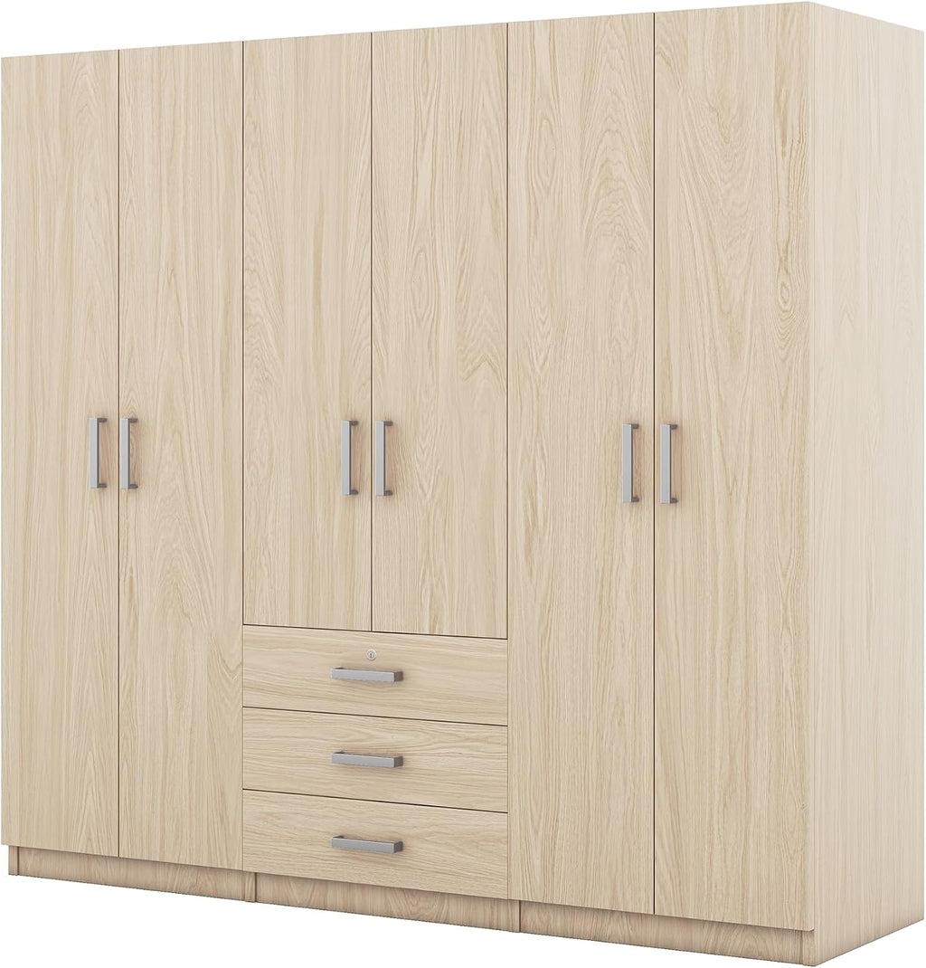 Merax Large 6 Doors Wooden Wardrobe, Bedroom Tall Armoire Closet Organizer with Big Drawers, Hanging Rails and Shelves, Clothes Storage Cabinet for Garage & Laundry Room, Natural