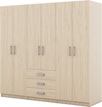 Merax Large 6 Doors Wooden Wardrobe, Bedroom Tall Armoire Closet Organizer with Big Drawers, Hanging Rails and Shelves, Clothes Storage Cabinet for Garage & Laundry Room, Natural