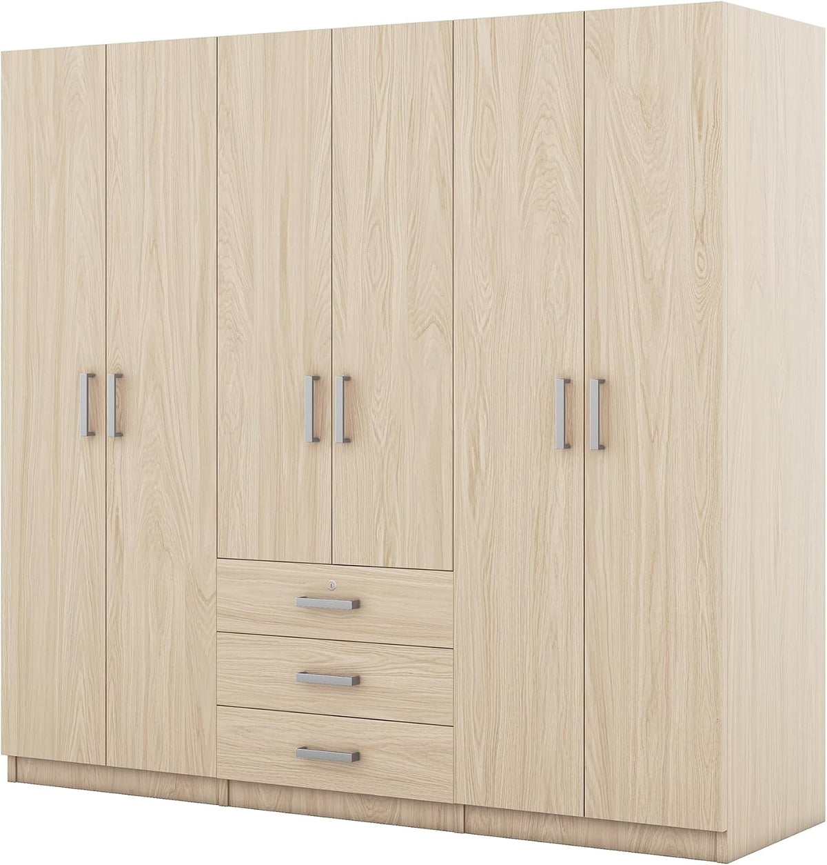 Merax Large 6 Doors Wooden Wardrobe, Bedroom Tall Armoire Closet Organizer with Big Drawers, Hanging Rails and Shelves, Clothes Storage Cabinet for Garage & Laundry Room, Natural