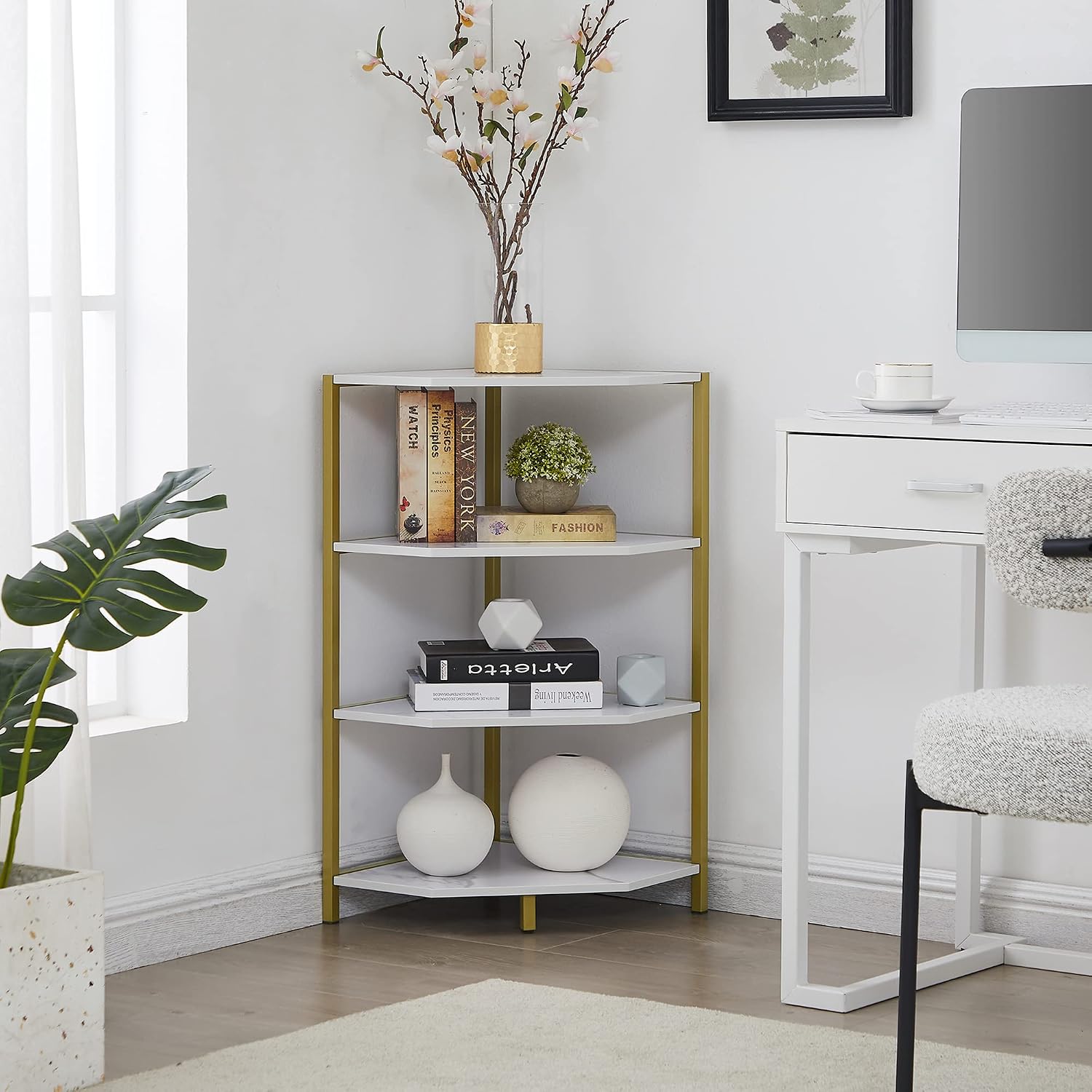 VECELO 31 Inch Corner Shelf, 4-Tier Display Shelves, Wood Storage Stand with Metal Frame, Multipurpose Shelving Unit for Small Space, Home Office,Brushed Gold