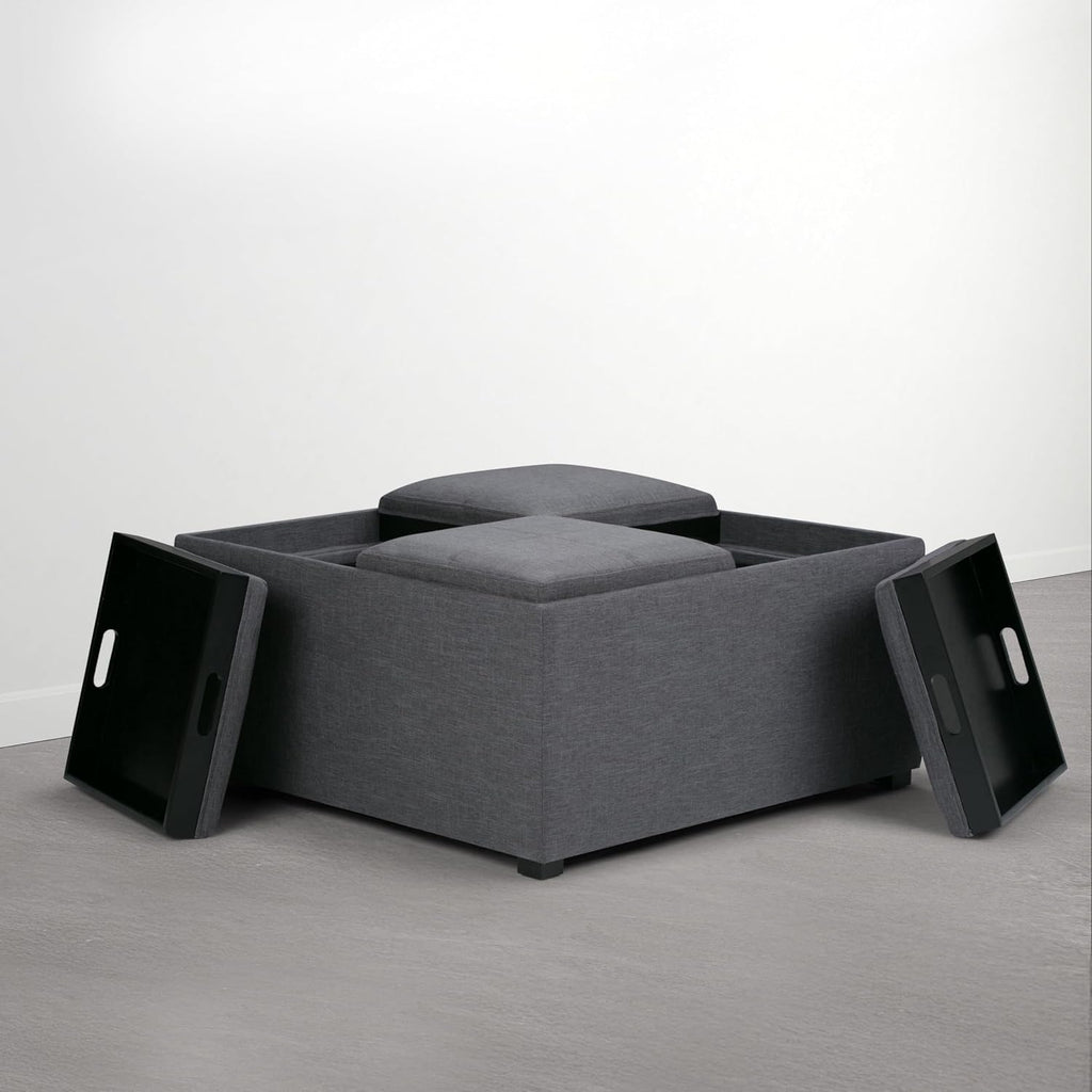 SIMPLIHOME Avalon Wide Contemporary Square Coffee Table Storage Ottoman, Flint Grey,