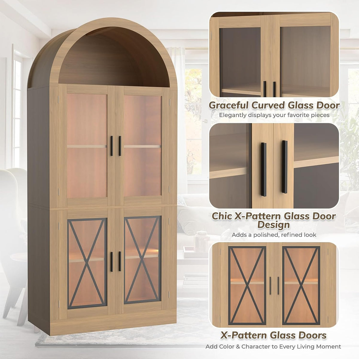 71” Tall Arched Kitchen Pantry with X-Pattern Glass Doors & RGB Lighting, Storage Cabinet Display Cabinet with Adjustable Shelves, Modern Pantry Cabinet for Kitchen, Living Room & Dining Room