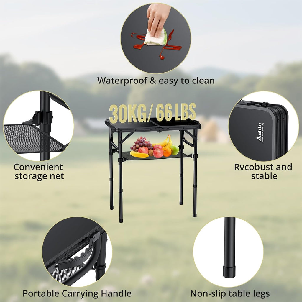 Anbte 2ft Folding Camping Table, 3 Adjustable Heights Small Folding Table | Aluminum Lightweight Folding Table, with Portable Handle & Storage Net, for Camp Beach Travel Fishing Outdoor, 23"x16", Black