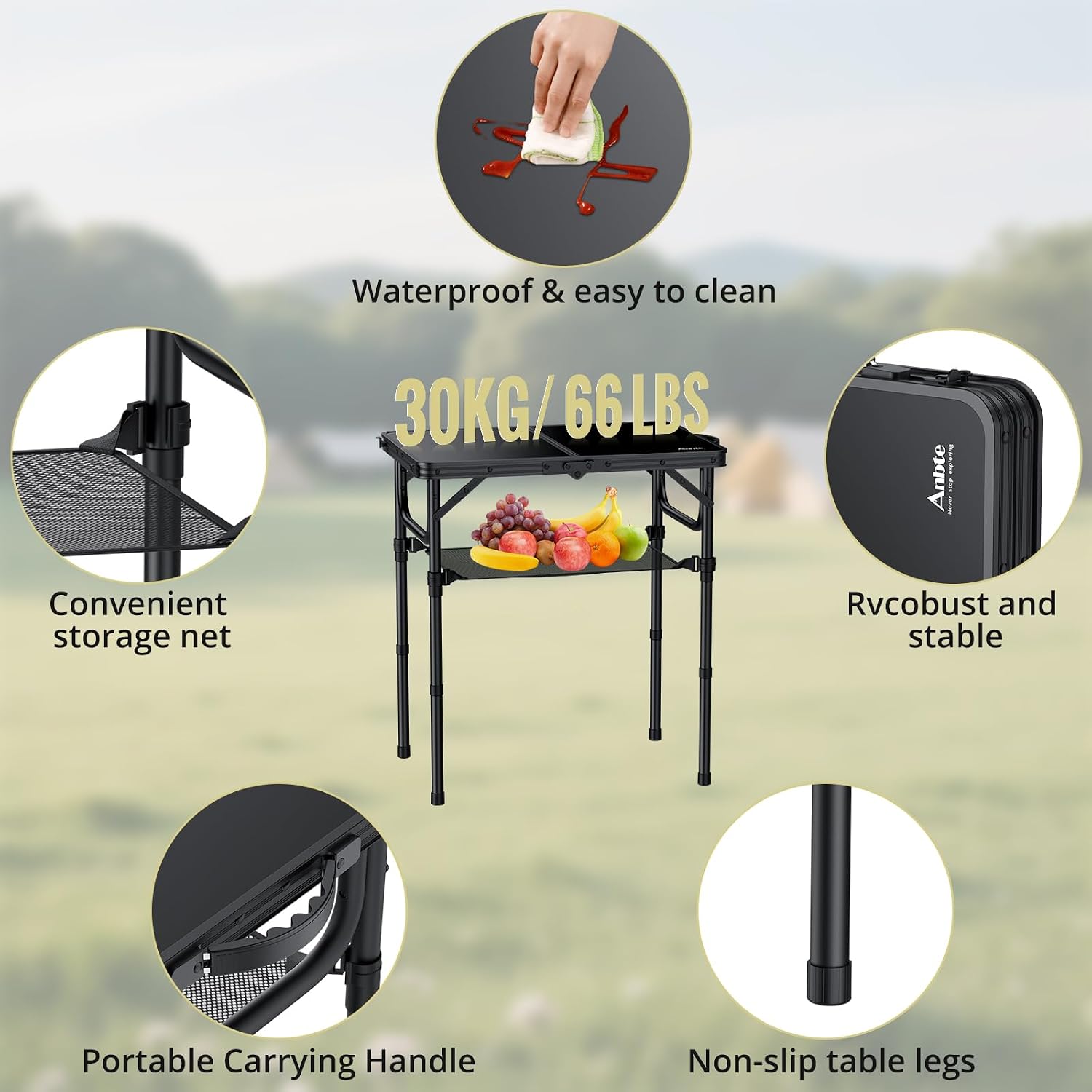 Anbte 2ft Folding Camping Table, 3 Adjustable Heights Small Folding Table | Aluminum Lightweight Folding Table, with Portable Handle & Storage Net, for Camp Beach Travel Fishing Outdoor, 23"x16", Black
