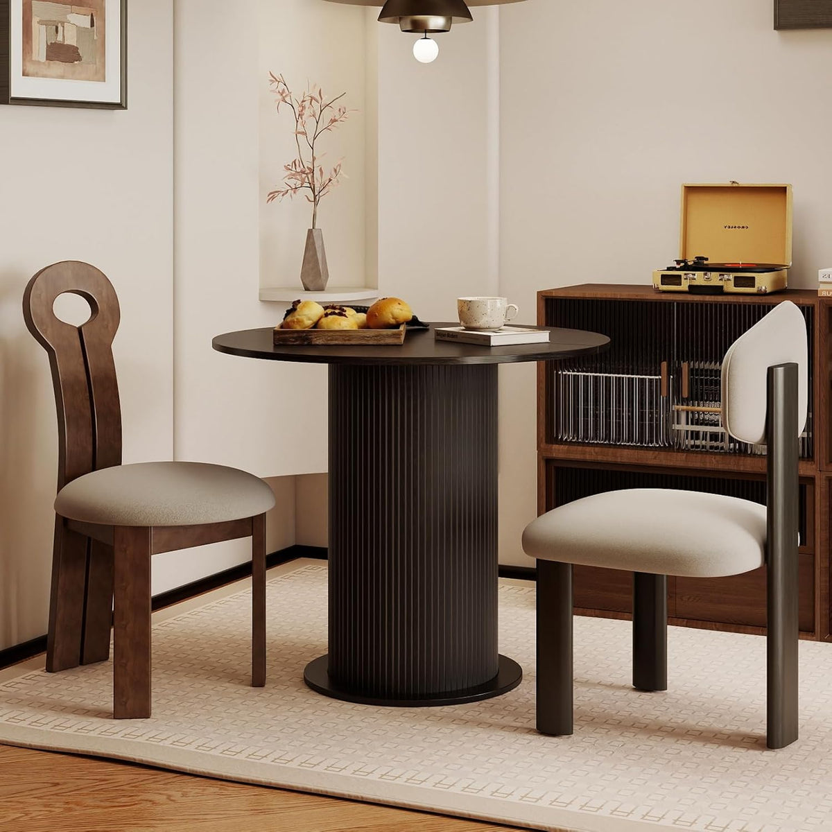 Round Dining Table with Storage,31.5" Modern Storage Kitchen Table for 2-4 People with Curved Sliding Door Fluted Wood Thickened Tabletop for Dining Room/Kitchen/Living Room,Black