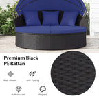 RELAX4LIFE Round Outdoor Daybed with Canopy - Wicker Sectional Sofa Sunbed w/Cushions & 3 Pillows, Rattan Clamshell Conversation Lounger Separated Seating Set for Garden Porch, Patio Day Bed (Navy)