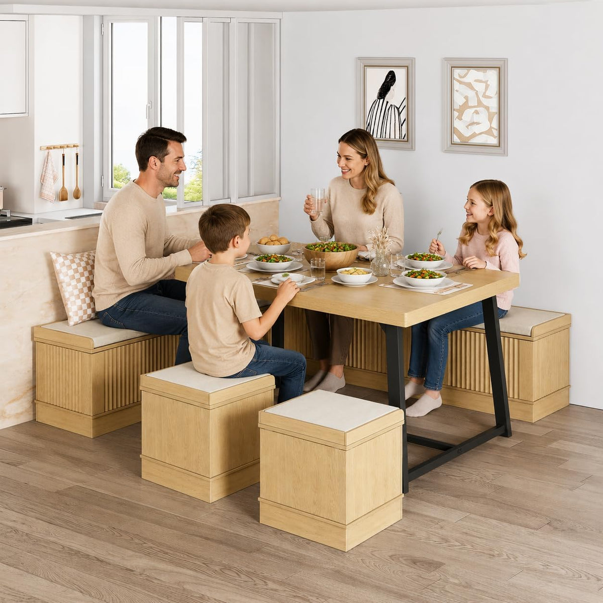 XIAO WEI Corner Dining Table Set, 6-Piece Breakfast Nook Dining Set with Storage Bench and Stools, 47" Banquette Seating for Small Space, Apartment Kitchen & Dining Room, Natural Wood
