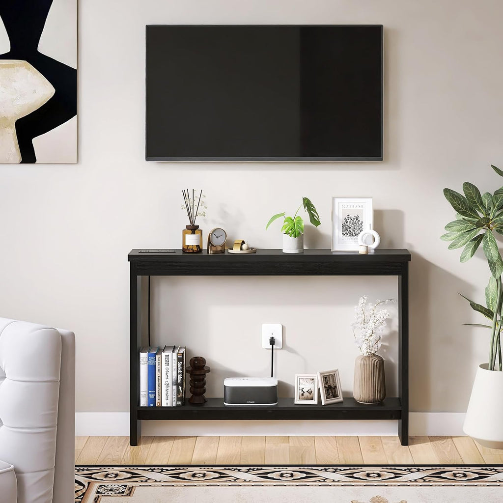 ZGREN Narrow Sofa Table with Outlet, USB Ports and Charging Station - Skinny Console Table for Living Room and Entryway, Black