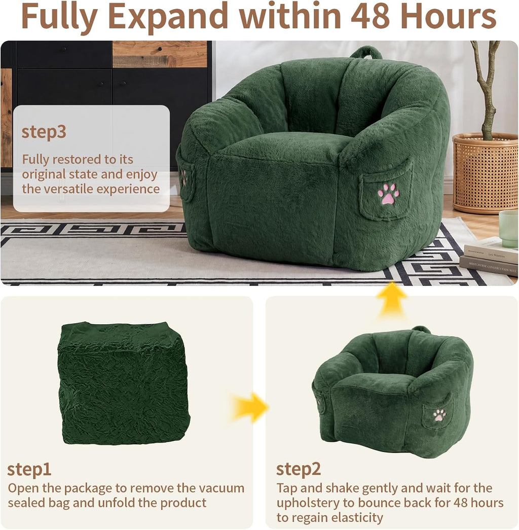 Vipbear Cat Paw Bean Bag Chair, Oversized Air-Cushion Sofa Chair Green | 39", air-cushion filling, cat paw Pocket, carry handle, oversized firm support, ergonomic, plush faux fur, gaming, reading