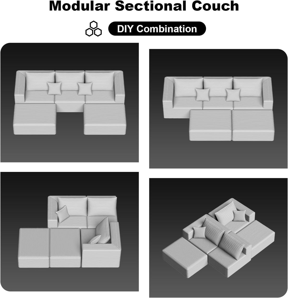 110" U Shaped Sectional Sofa with 2 Ottomans, Modular Corduroy Cloud Couch, Oversized Deep Seat Sofa for Living Room, Flexible Combination Design, No Assembly Required