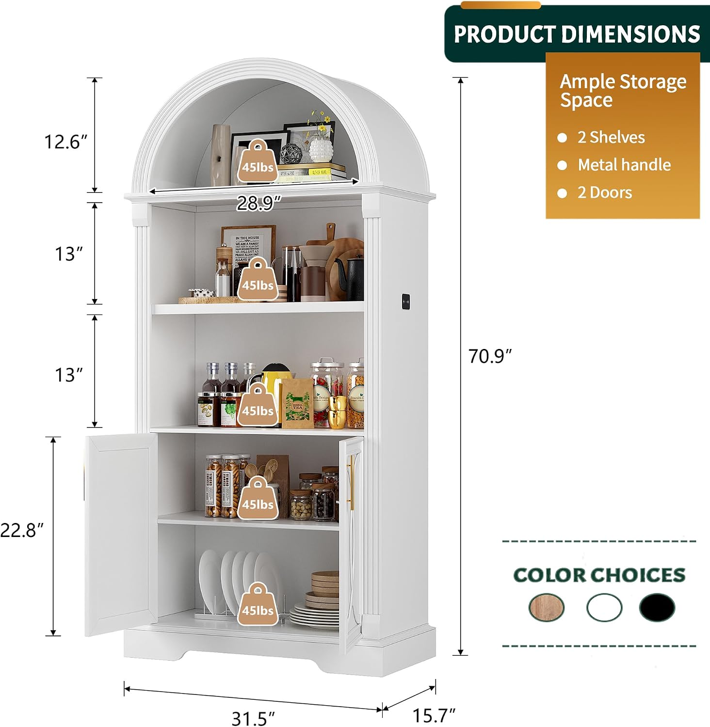 Vlsrka Kitchen Pantry Storage Cabinets with Adjustable Shelves, 71" Tall | Arched Wooden Cabinet with Doors, 3 Colors LED Lights, Motion Sensor, Freestanding, for Living/Dining Room, White