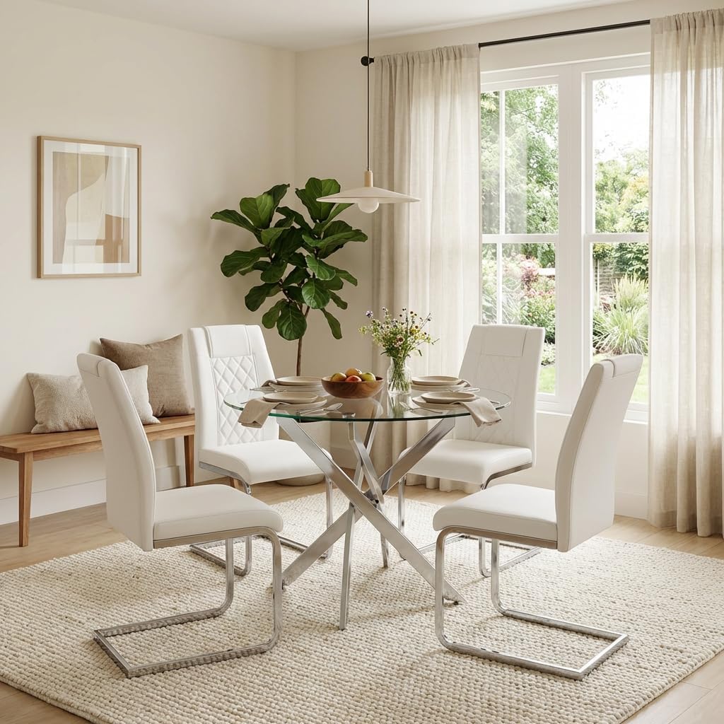 Round Glass Dining Table Set for 4, Modern Kitchen Table Chairs Set of 4, 35" Circle Glass Dinner Table with Silver Metal Legs, 4 White Pu Leather Chairs, 5 Piece Dining Set for Small Space Apartment
