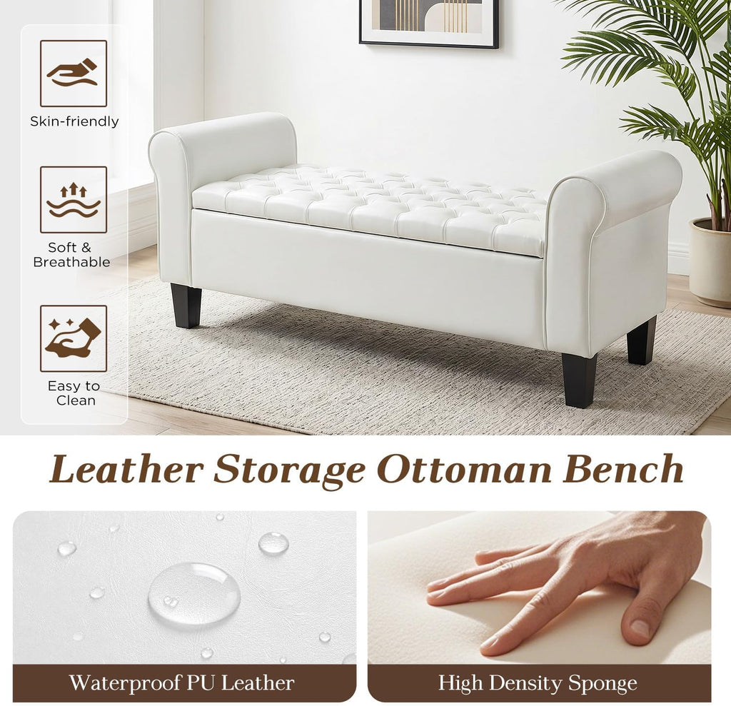 ECOTOUGE 55" Storage Ottoman Bench for Living Room, End of Bed Bench with Rolled Arm Leather Ottoman with Storage Upholstered Entryway Bench Retro Style Footboard Bench for Bedroom, Cream White