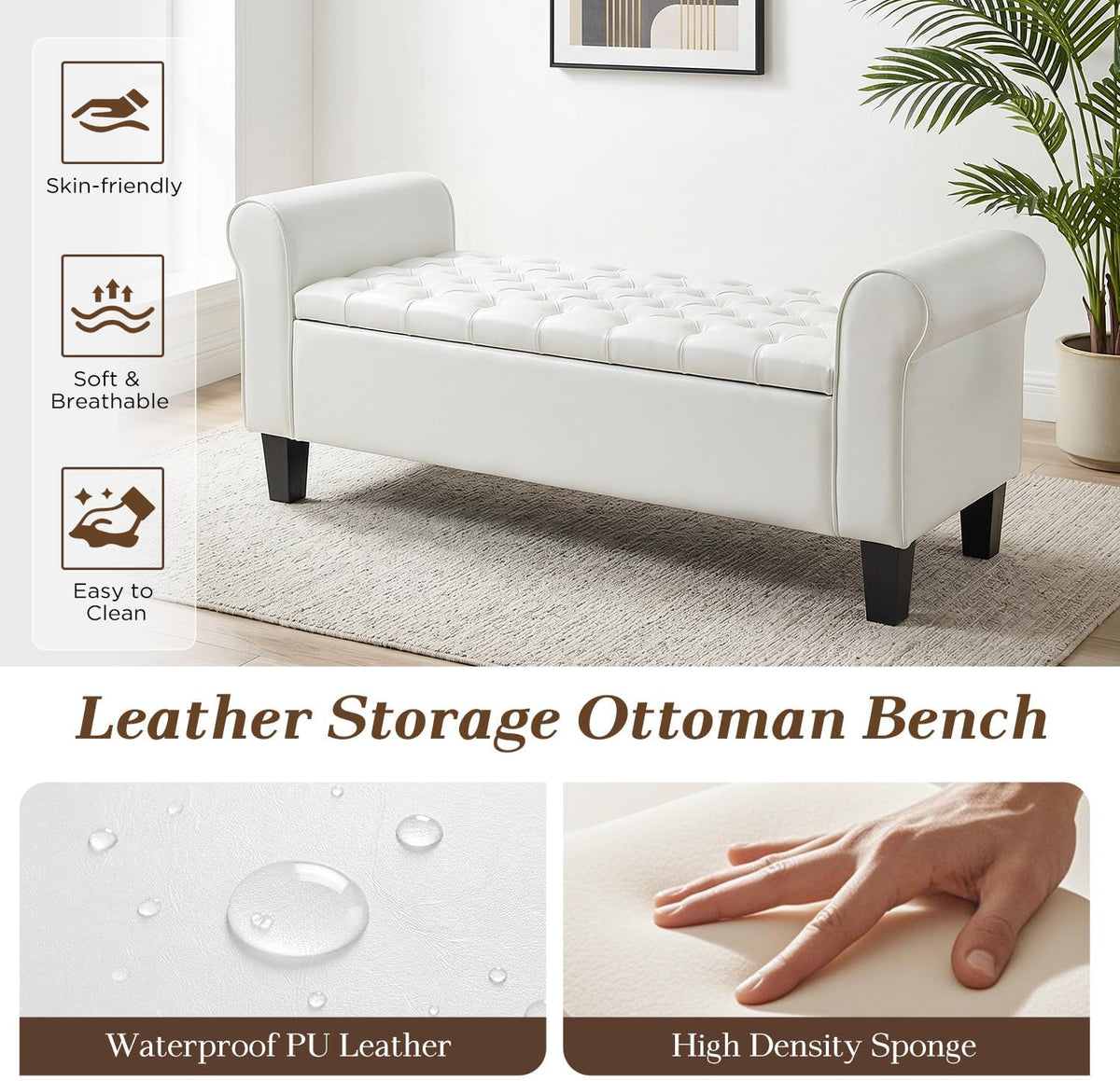 ECOTOUGE 55" Storage Ottoman Bench for Living Room, End of Bed Bench with Rolled Arm Leather Ottoman with Storage Upholstered Entryway Bench Retro Style Footboard Bench for Bedroom, Cream White