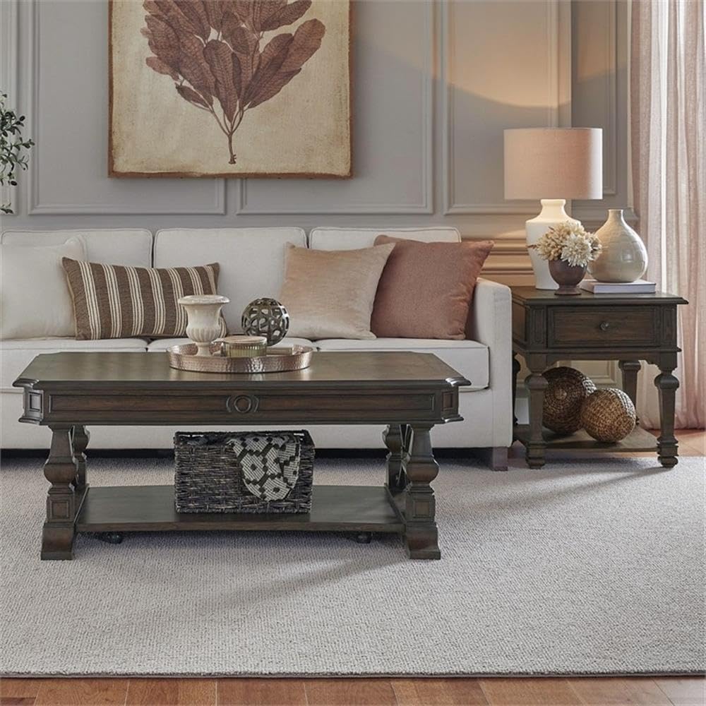 Pemberly Row 3-Piece Cocktail Table Set, Rubberwood and Hickory Veneers, Chateau Brown Finish, Includes 1 Cocktail Table with Casters and 2 End Tables, Bottom Shelves and Drawer, Living Room Furniture