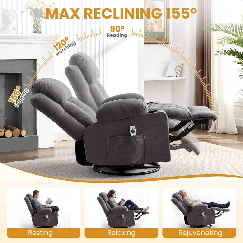 Swivel Rocker Recliner Chair with Vibration Massage & Lumbar Heating, Ergonomic Lounge Chair for Living Room, Rocking Function, Side Pocket, 2 Cup Holders, USB Charging Port