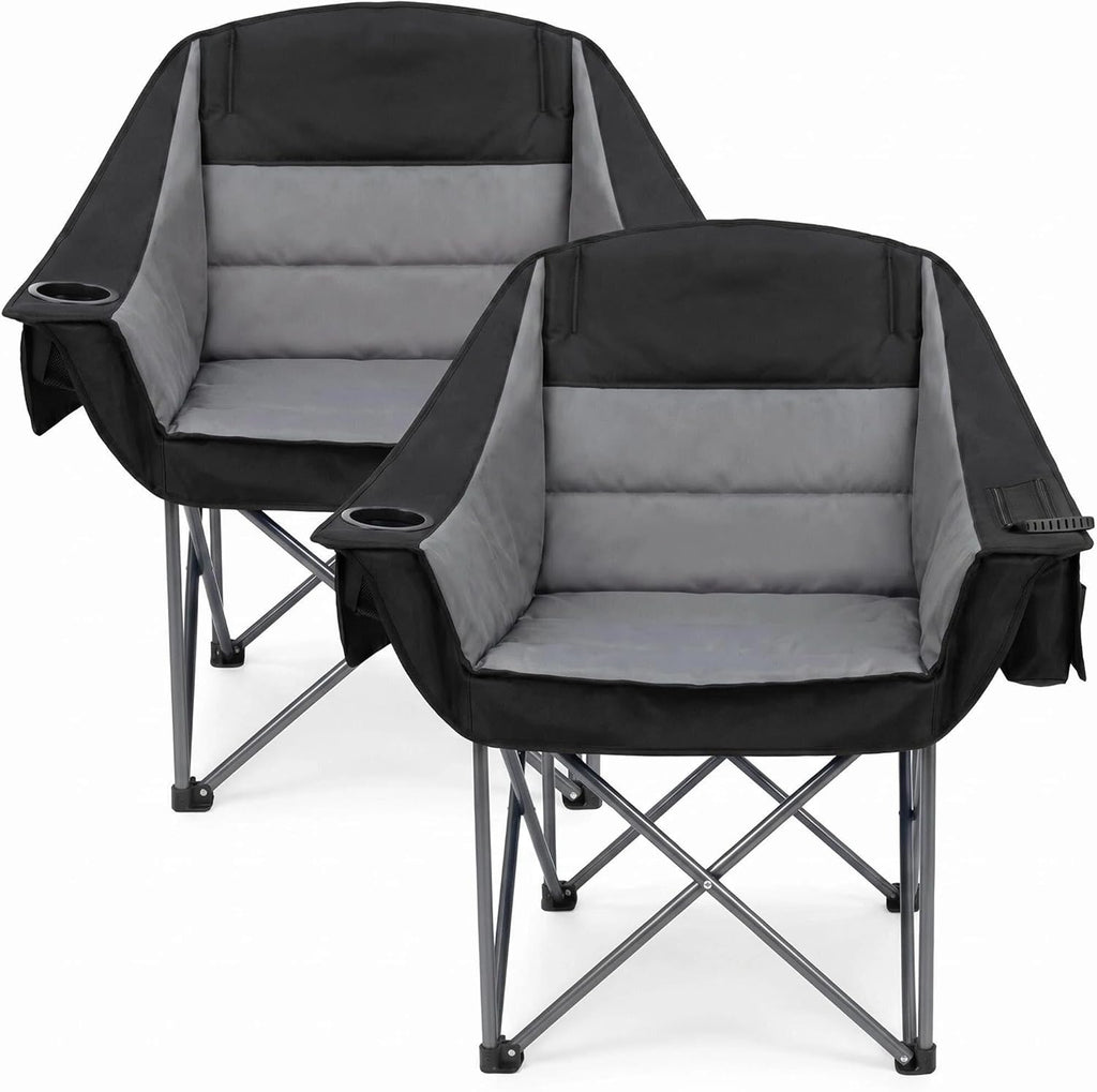 Oversized Heavy Duty Camping Chair for Adults, 500 lbs Capacity Padded Folding Chair with Side Cooler Bag, Cup Holder & Storage Pockets, Portable Lawn Chair for Fishing, Beach, Picnic & Sports-2PCS