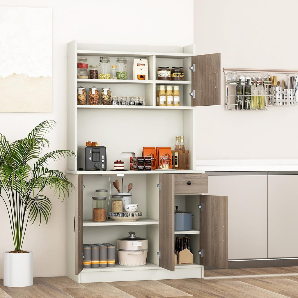 COSTWAY Kitchen Pantry Storage Cabinet, 71" Freestanding Tall Hutch Cabinet with Charging Station, Microwave Stand, Adjustable Shelves, Modern Buffet Cabinet with Hutch for Dining Room, Kitchen, White