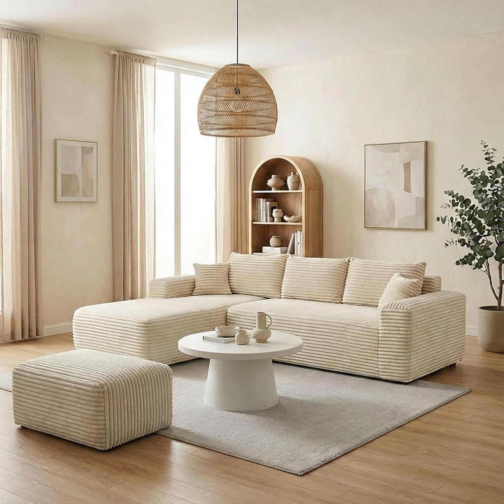 EVLIQUIL Large Ottoman Foot Rest 37" Beige, Sofa Couch Ottomon with Soft Long-Pile Fabric, High Resilience Foam & Spring Support, Ottoman for Living Room Extra Seating