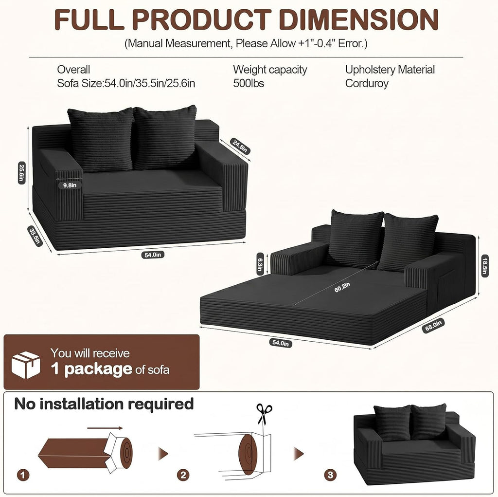Loveseat Couch Folding Sofa Bed, Foldable Floor Futon Sleeper Couch Bed - Convertible Sofa Bed, Corduroy Pull Out Sofa Bed with 2 Pillows for Living Room & Bedroom