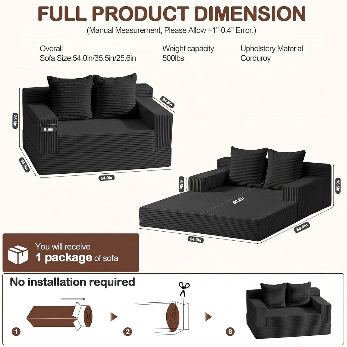 Loveseat Couch Folding Sofa Bed, Foldable Floor Futon Sleeper Couch Bed - Convertible Sofa Bed, Corduroy Pull Out Sofa Bed with 2 Pillows for Living Room & Bedroom